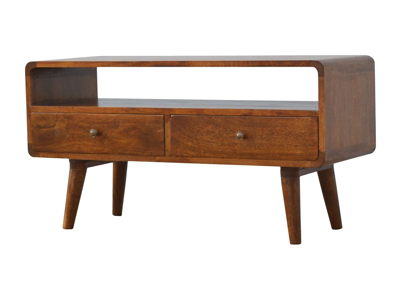 Unité multimédia en châtaignier courbée.