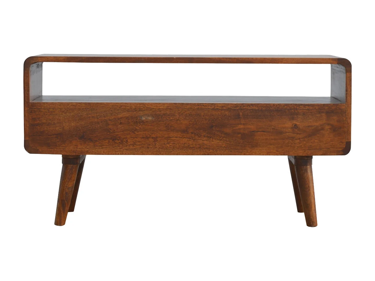 Unité multimédia en châtaignier courbée.