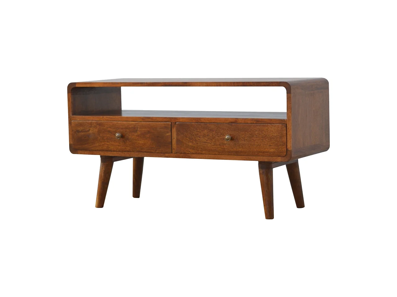 Artisan Furniture gebogen tv-meubel van massief hout met kastanjebruine afwerking, 2 lades, bruin