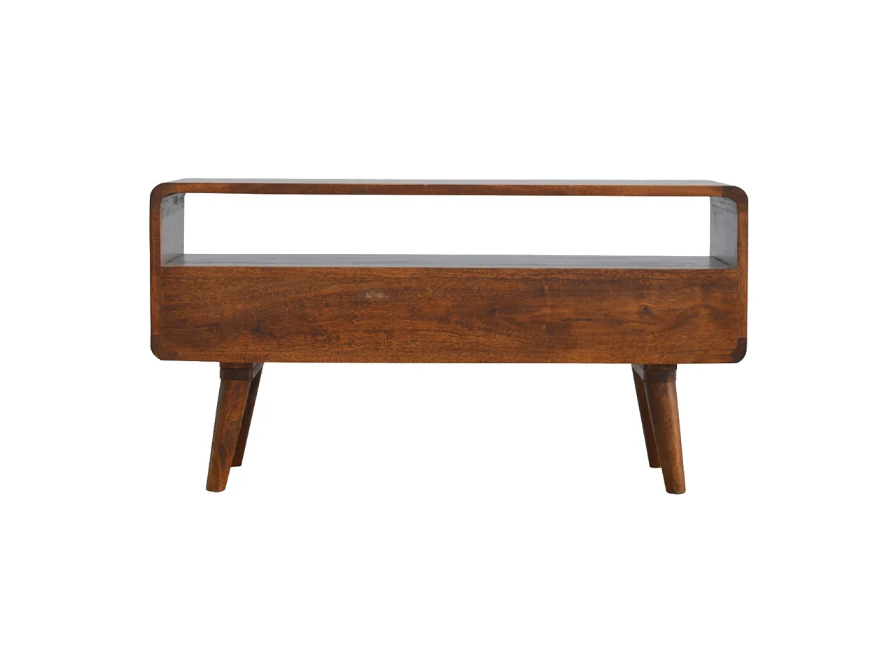 Artisan Furniture gebogen tv-meubel van massief hout met kastanjebruine afwerking, 2 lades, bruin