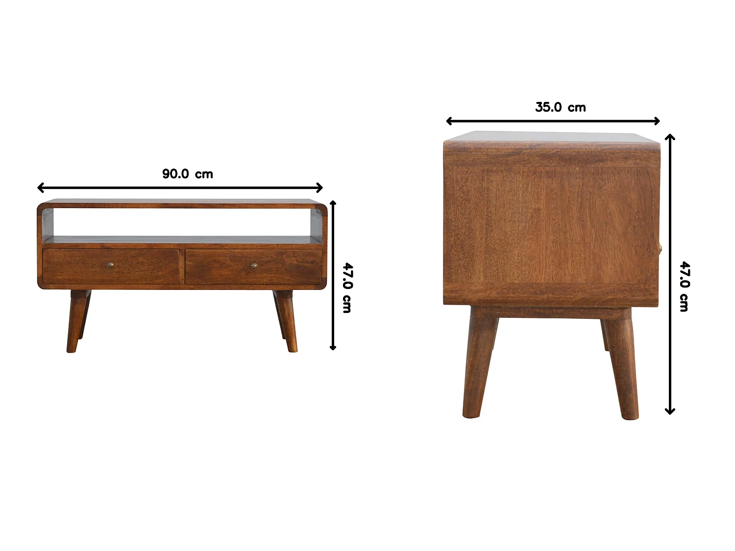 Artisan Furniture gebogen tv-meubel van massief hout met kastanjebruine afwerking, 2 lades, bruin