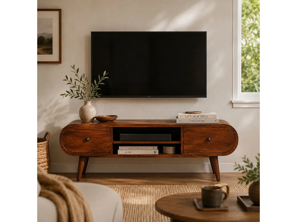 Runder TV-Ständer aus Massivholz von Artisan Furniture mit Kastanienbraun-Finish, 2 Schubladen und 1 Ablage, braune Farbe.