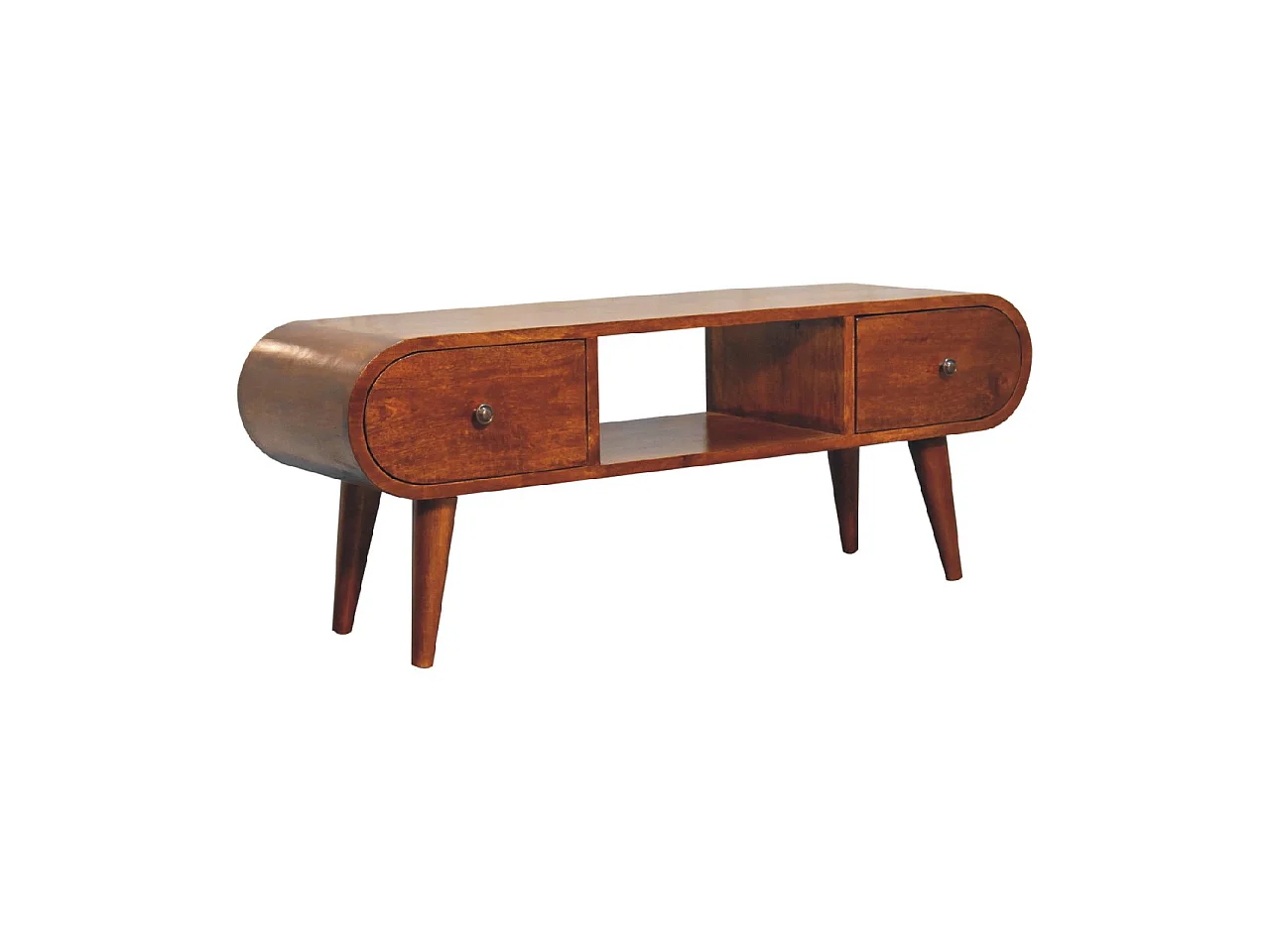 Runder TV-Ständer aus Massivholz von Artisan Furniture mit Kastanienbraun-Finish, 2 Schubladen und 1 Ablage, braune Farbe.