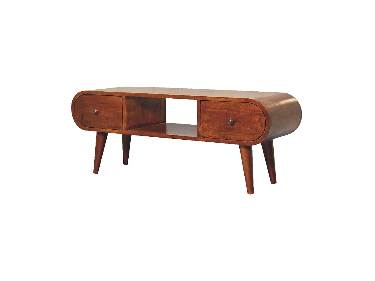Runder TV-Ständer aus Massivholz von Artisan Furniture mit Kastanienbraun-Finish, 2 Schubladen und 1 Ablage, braune Farbe.