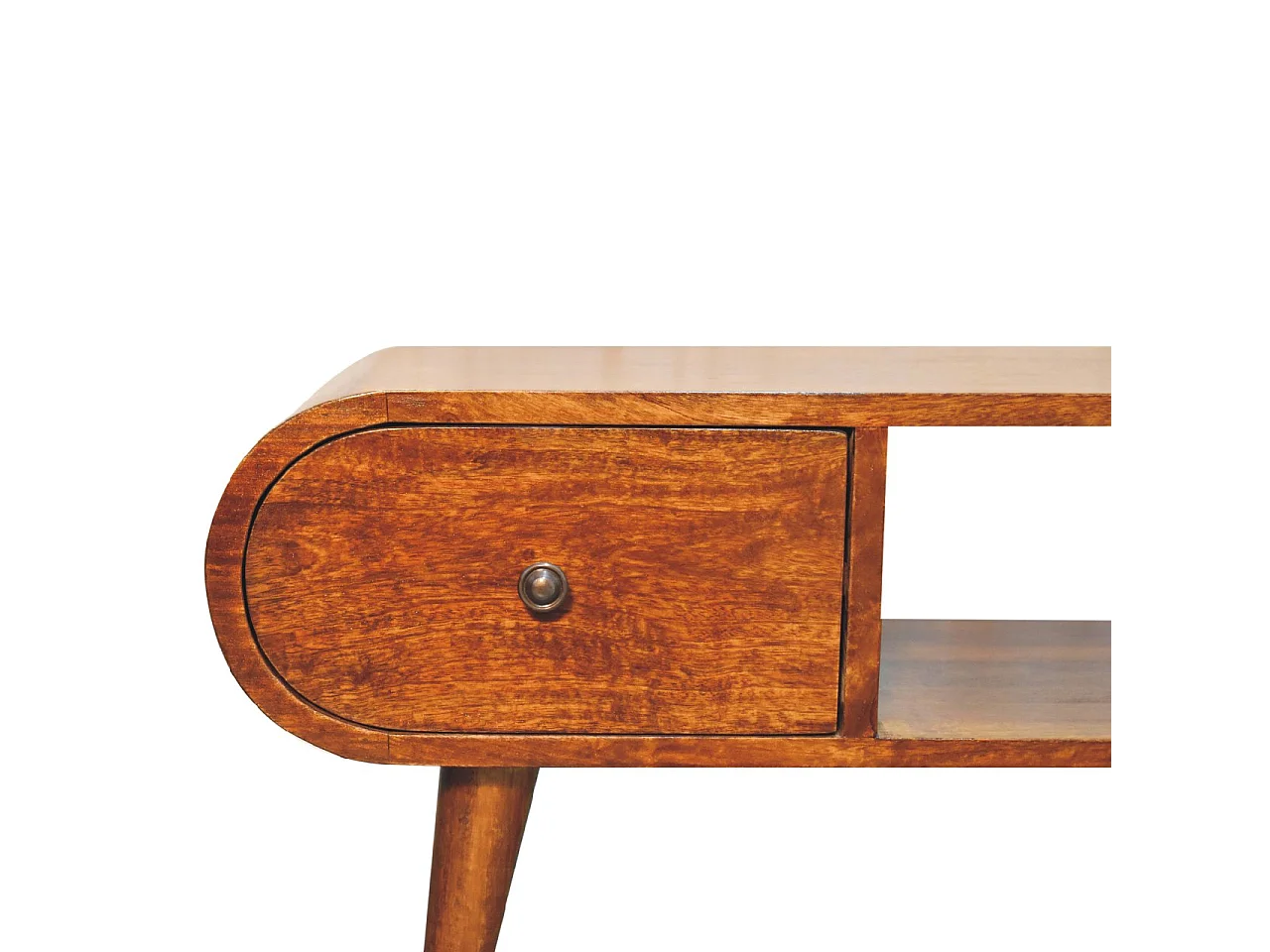 Runder TV-Ständer aus Massivholz von Artisan Furniture mit Kastanienbraun-Finish, 2 Schubladen und 1 Ablage, braune Farbe.