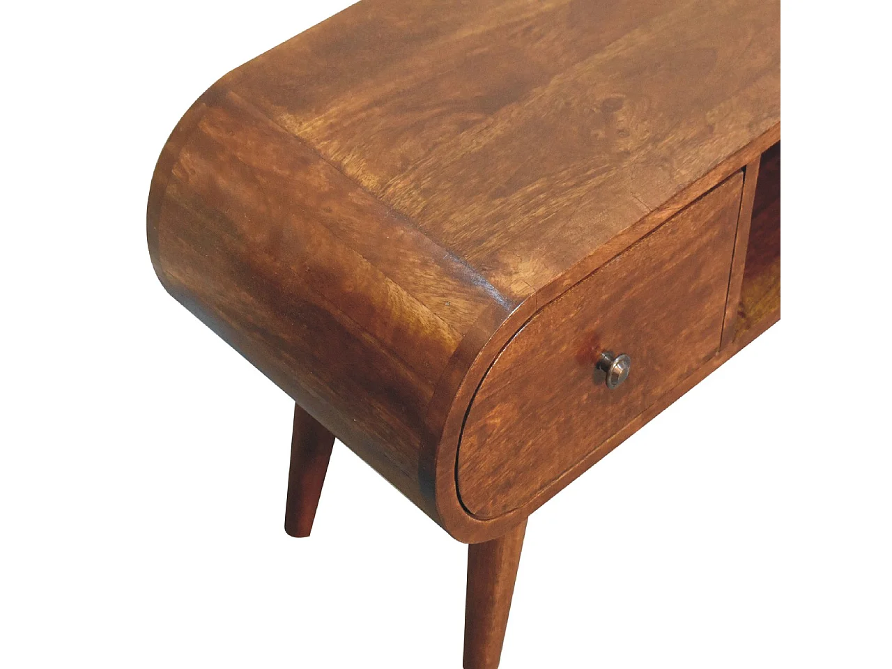 Runder TV-Ständer aus Massivholz von Artisan Furniture mit Kastanienbraun-Finish, 2 Schubladen und 1 Ablage, braune Farbe.