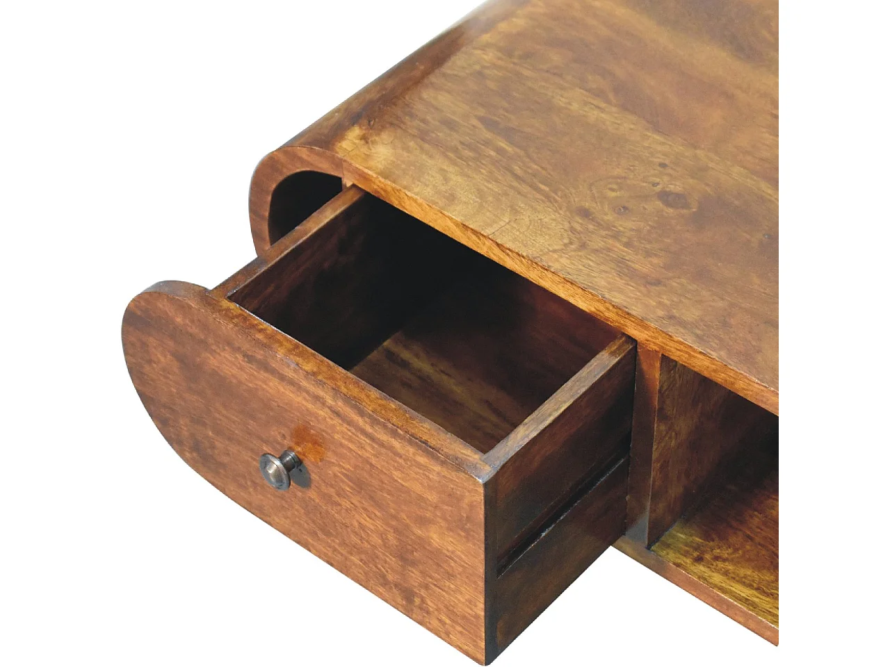 Runder TV-Ständer aus Massivholz von Artisan Furniture mit Kastanienbraun-Finish, 2 Schubladen und 1 Ablage, braune Farbe.