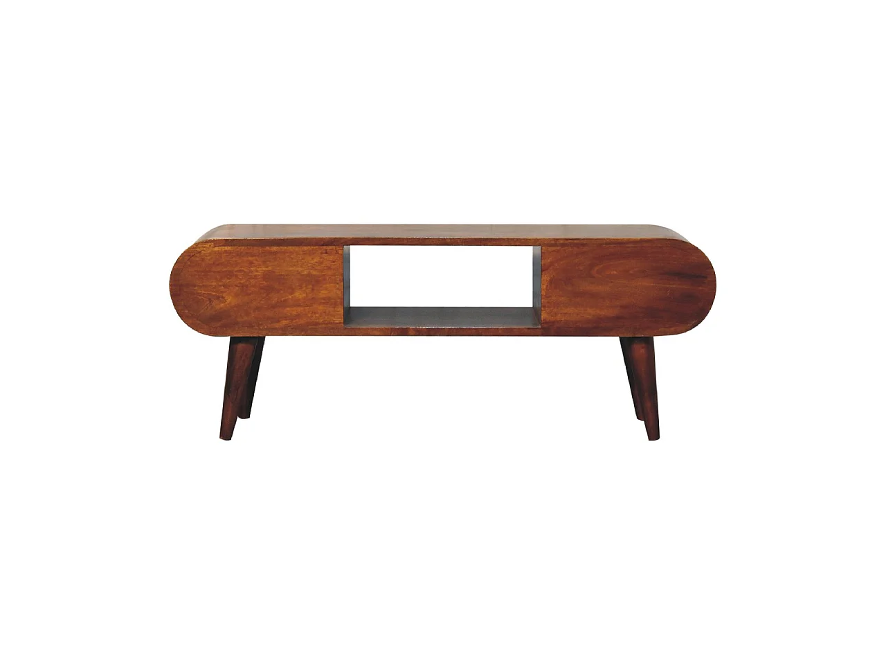 Runder TV-Ständer aus Massivholz von Artisan Furniture mit Kastanienbraun-Finish, 2 Schubladen und 1 Ablage, braune Farbe.