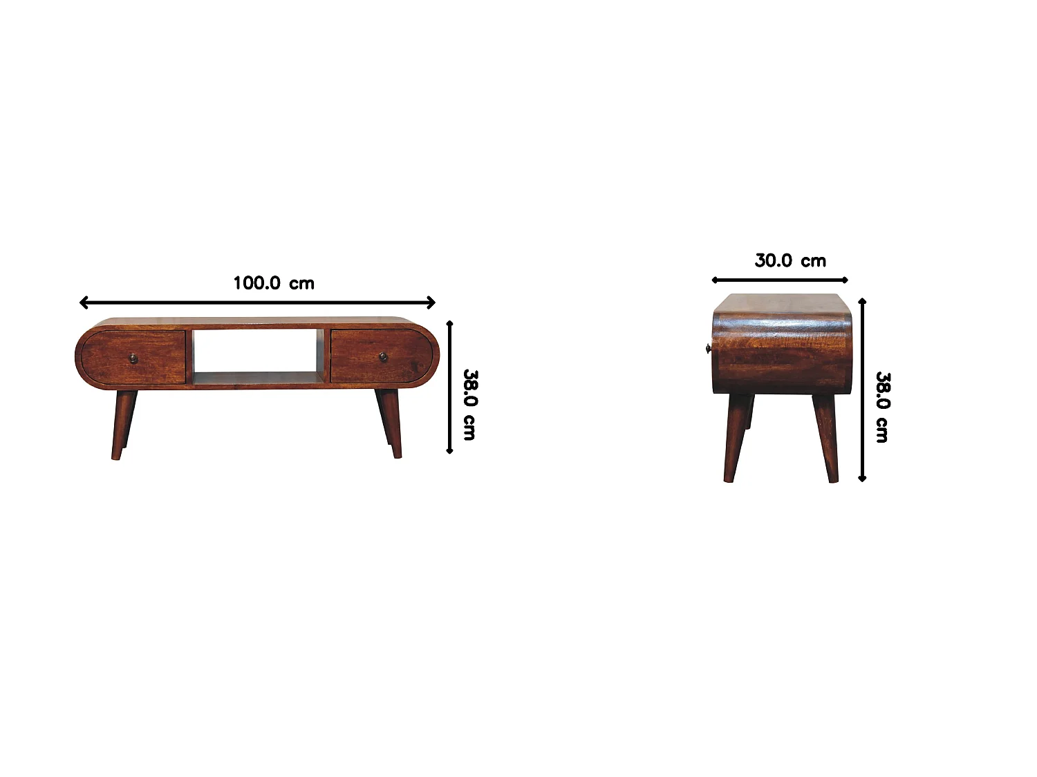 Runder TV-Ständer aus Massivholz von Artisan Furniture mit Kastanienbraun-Finish, 2 Schubladen und 1 Ablage, braune Farbe.