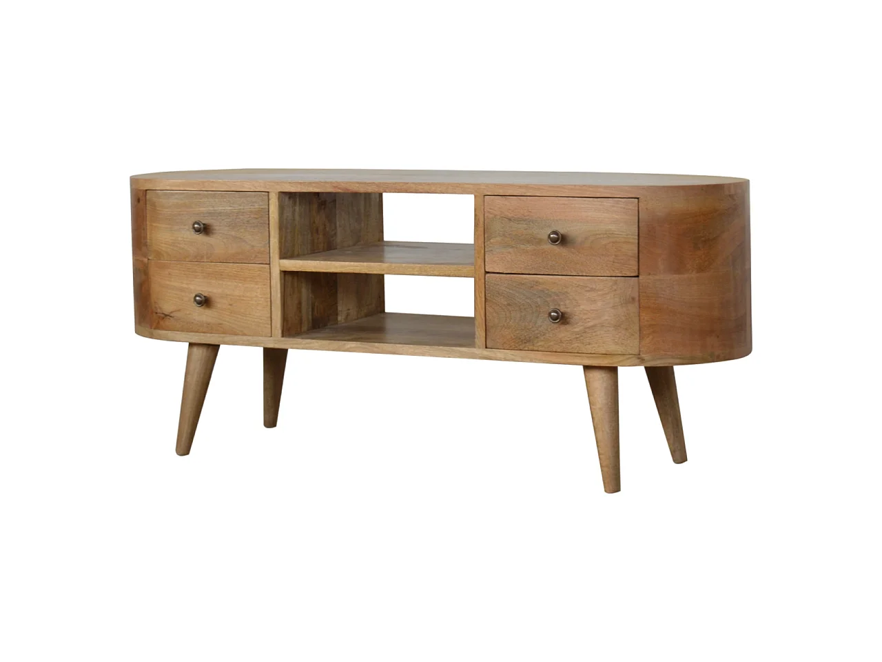 Okrągła szafka pod telewizor z litego drewna Artisan Furniture z 4 szufladami i 1 półką, beżowa