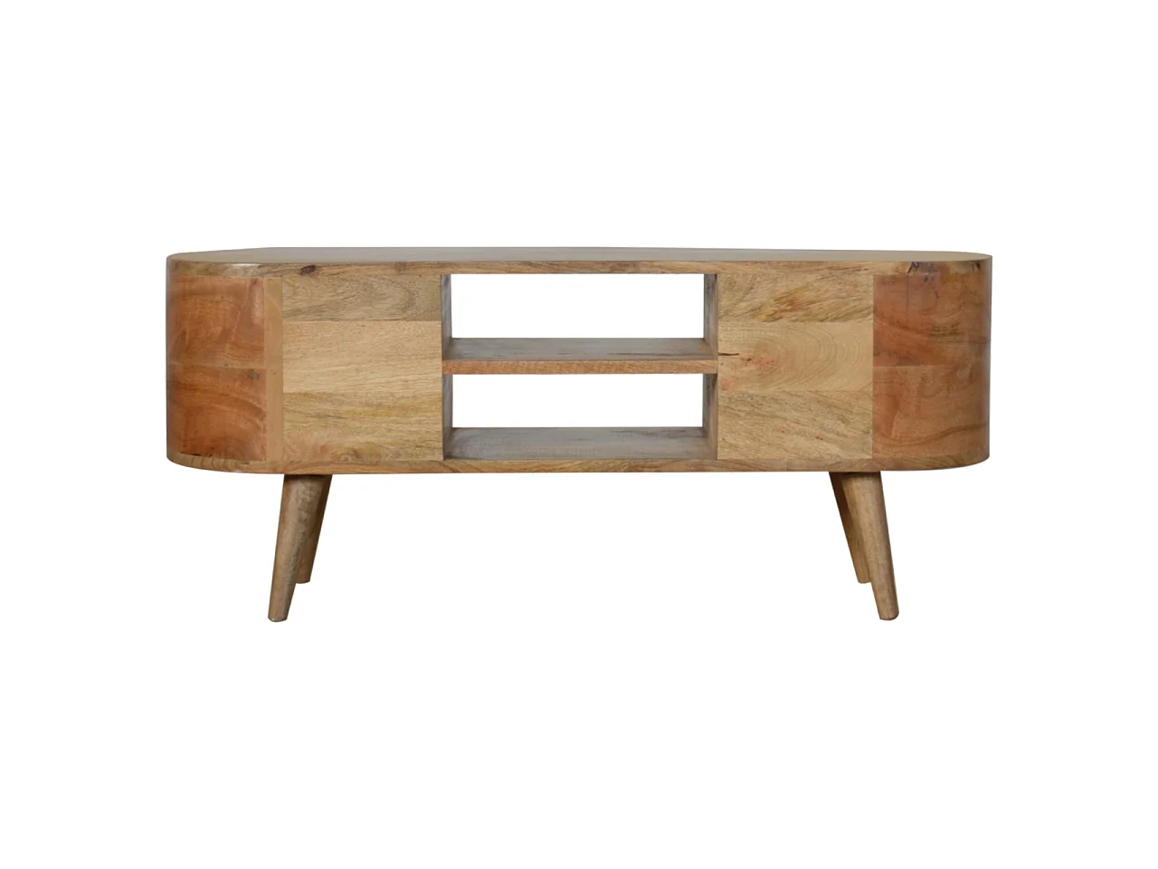 Okrągła szafka pod telewizor z litego drewna Artisan Furniture z 4 szufladami i 1 półką, beżowa