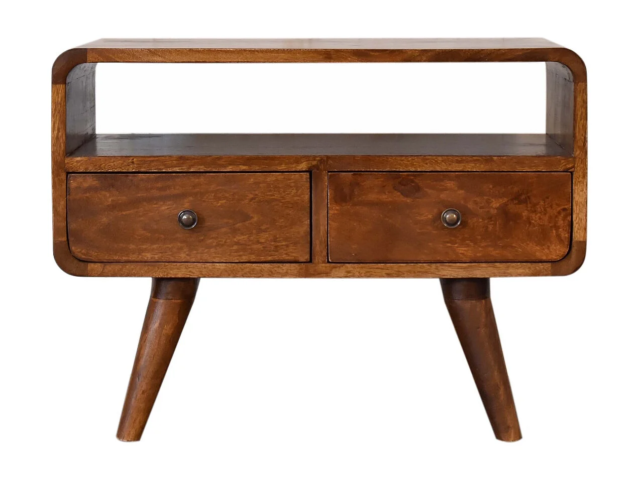 Meuble TV Mini courbé en châtaignier Artisan Furniture, 2 tiroirs, 1 étagère ouverte, marron