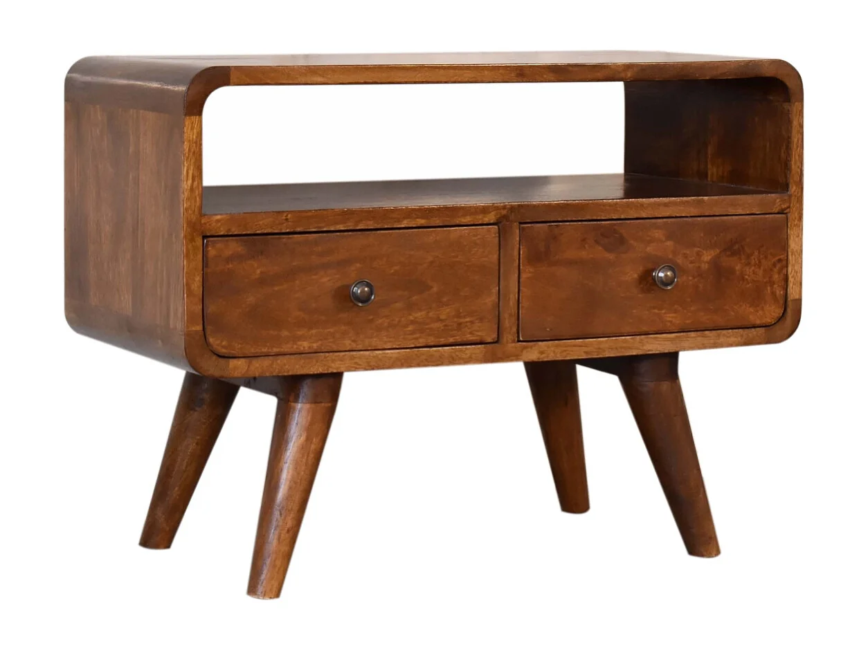 Meuble TV Mini courbé en châtaignier Artisan Furniture, 2 tiroirs, 1 étagère ouverte, marron