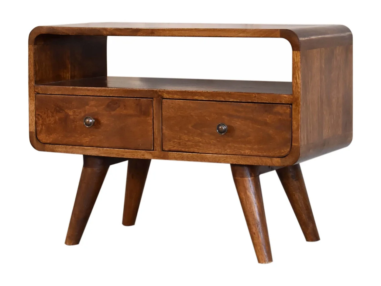 Meuble TV Mini courbé en châtaignier Artisan Furniture, 2 tiroirs, 1 étagère ouverte, marron