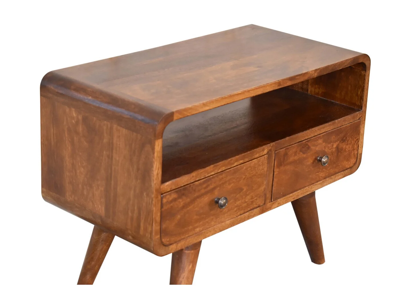 Meuble TV Mini courbé en châtaignier Artisan Furniture, 2 tiroirs, 1 étagère ouverte, marron