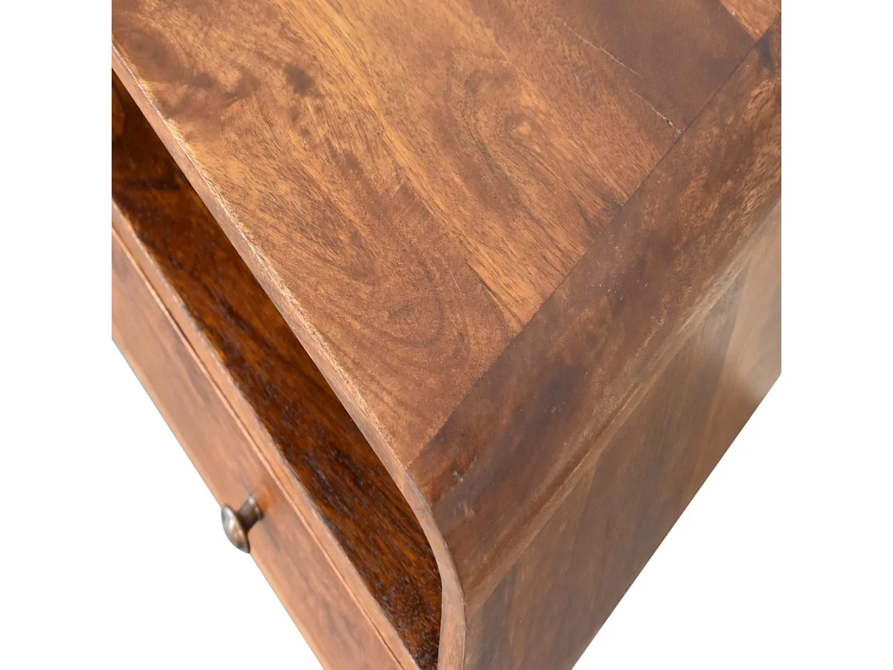 Meuble TV Mini courbé en châtaignier Artisan Furniture, 2 tiroirs, 1 étagère ouverte, marron