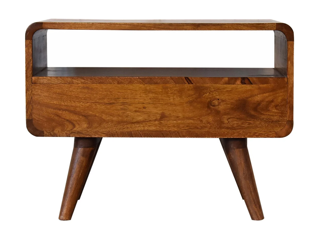 Meuble TV Mini courbé en châtaignier Artisan Furniture, 2 tiroirs, 1 étagère ouverte, marron