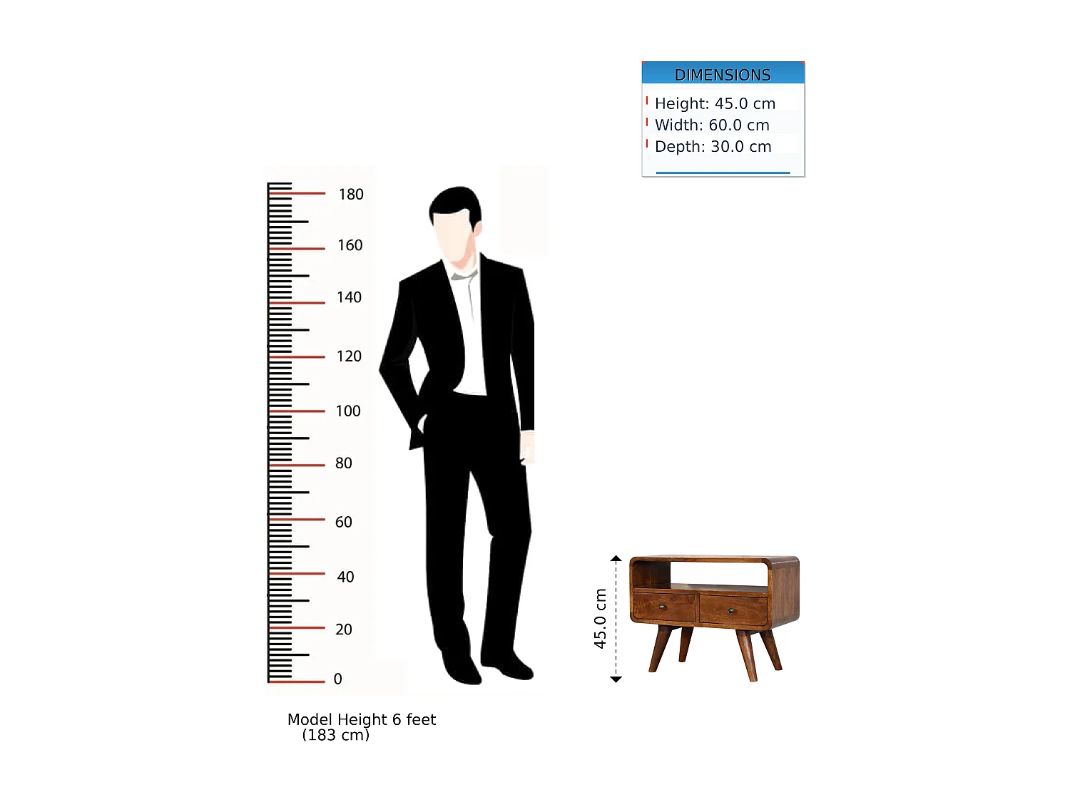 Meuble TV Mini courbé en châtaignier Artisan Furniture, 2 tiroirs, 1 étagère ouverte, marron