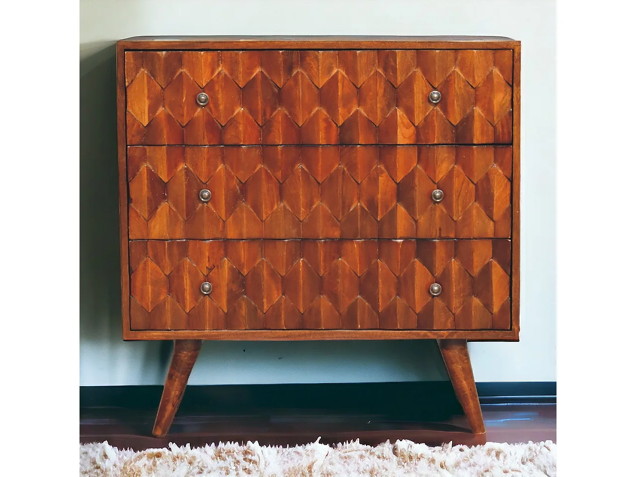 Artisan Furniture Cassettone in Legno Massello di Castagno con 3 Cassetti e Intaglio di Ananas, Camera da Letto