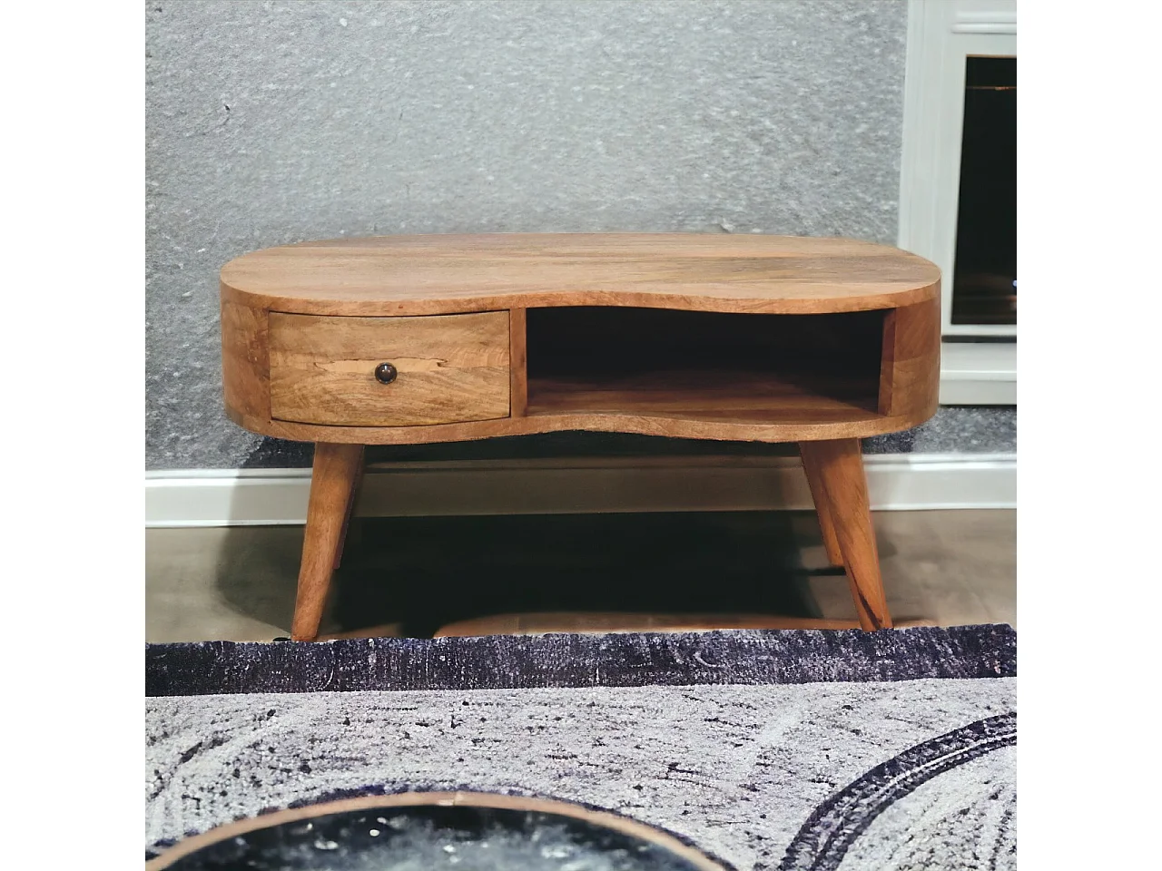 Bølgeformet sofabord i egetræsstil fra Artisan Furniture, 1 skuffe, 1 åben hylde, brun