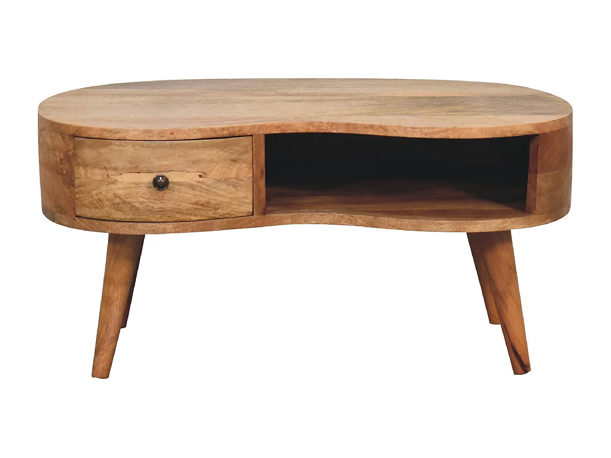 Bølgeformet sofabord i egetræsstil fra Artisan Furniture, 1 skuffe, 1 åben hylde, brun