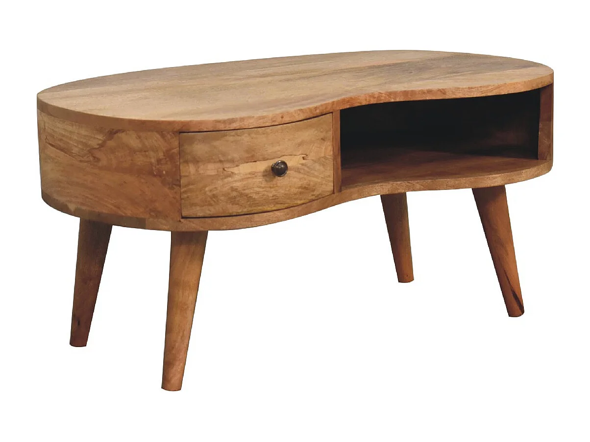Bølgeformet sofabord i egetræsstil fra Artisan Furniture, 1 skuffe, 1 åben hylde, brun