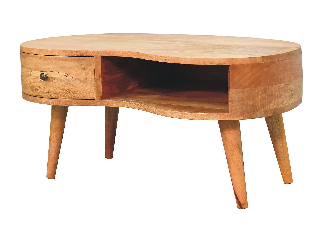 Bølgeformet sofabord i egetræsstil fra Artisan Furniture, 1 skuffe, 1 åben hylde, brun