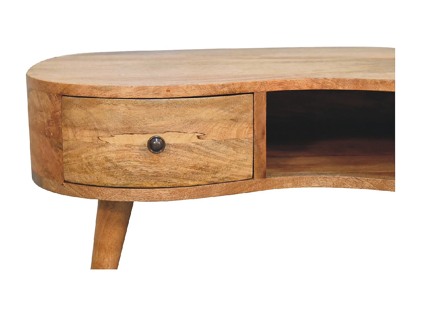 Bølgeformet sofabord i egetræsstil fra Artisan Furniture, 1 skuffe, 1 åben hylde, brun