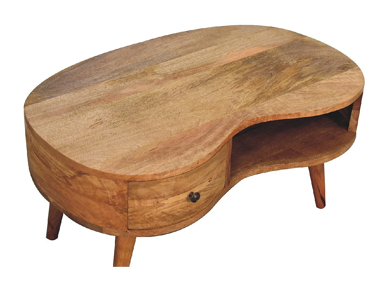 Bølgeformet sofabord i egetræsstil fra Artisan Furniture, 1 skuffe, 1 åben hylde, brun