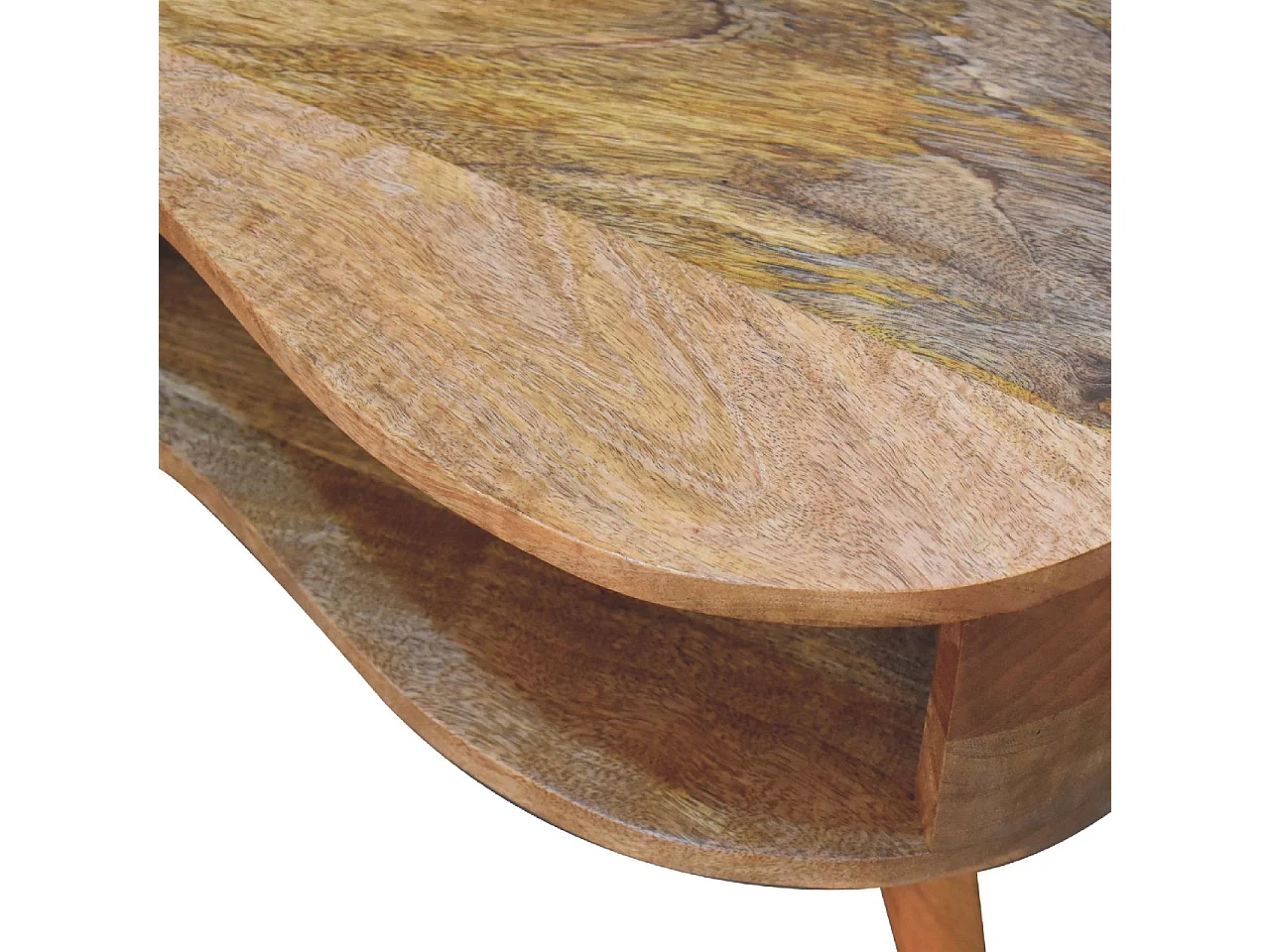 Bølgeformet sofabord i egetræsstil fra Artisan Furniture, 1 skuffe, 1 åben hylde, brun