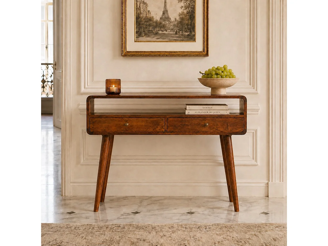 Artisan Furniture gebogen consoletafel in massief kastanjehout, 2 lades, bruin