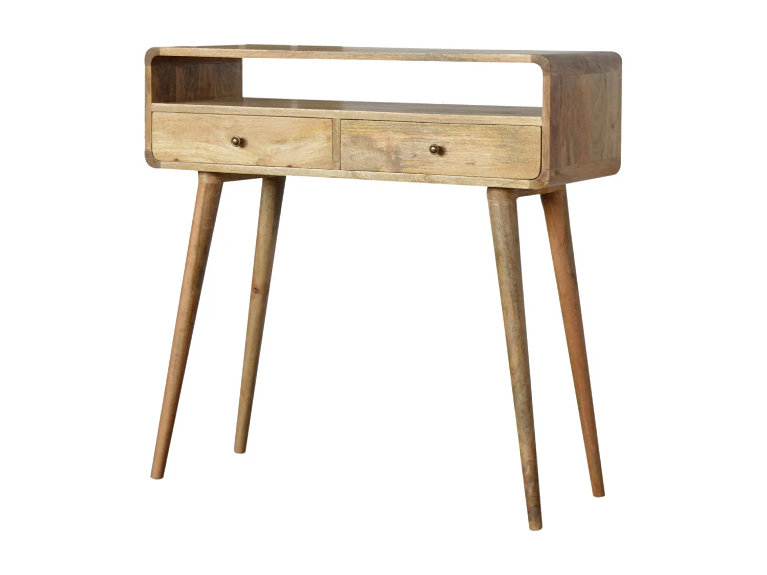 Console courbée style chêne Artisan Furniture, 2 tiroirs, 1 étagère ouverte, marron clair