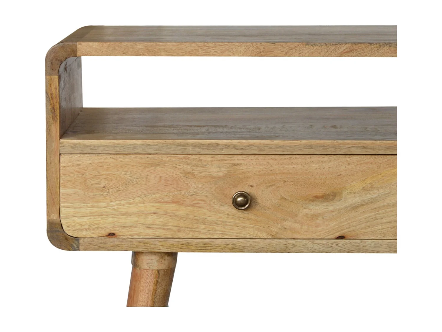 Console courbée style chêne Artisan Furniture, 2 tiroirs, 1 étagère ouverte, marron clair