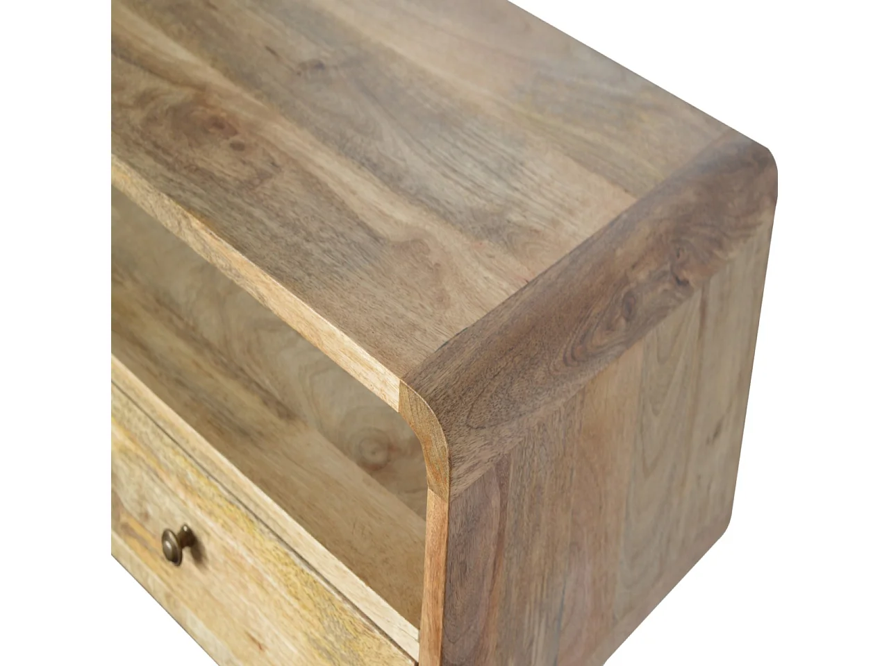 Console courbée style chêne Artisan Furniture, 2 tiroirs, 1 étagère ouverte, marron clair