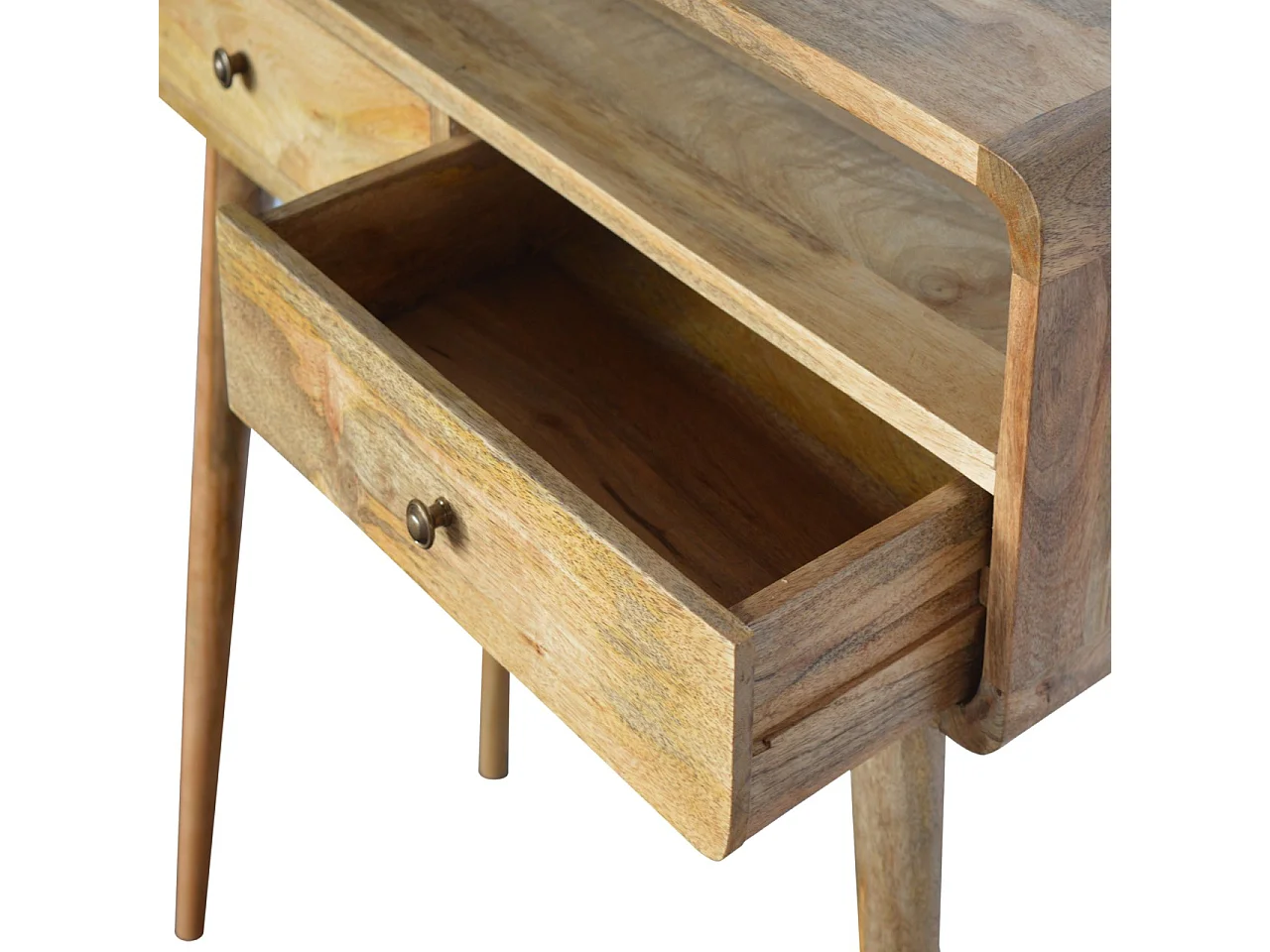 Console courbée style chêne Artisan Furniture, 2 tiroirs, 1 étagère ouverte, marron clair