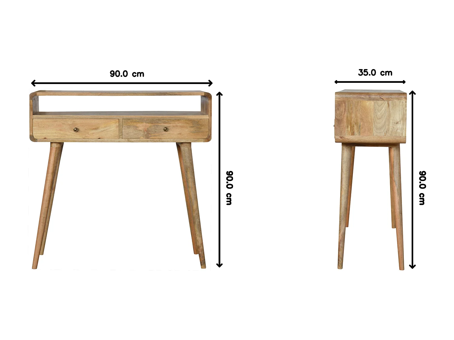 Console courbée style chêne Artisan Furniture, 2 tiroirs, 1 étagère ouverte, marron clair
