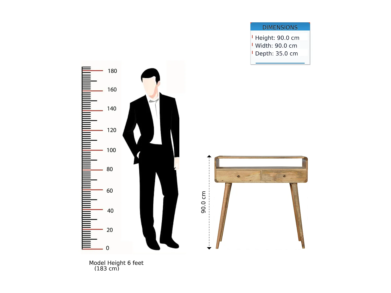 Console courbée style chêne Artisan Furniture, 2 tiroirs, 1 étagère ouverte, marron clair