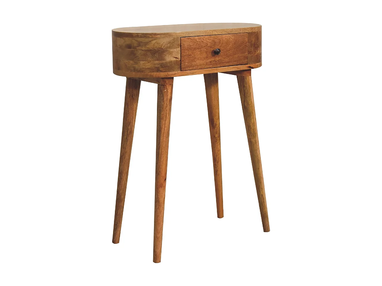Mini Albion Konsolentisch von Artisan Furniture aus Massivholz mit heller Eichenoberfläche, 1 Schublade, beige Farbe.