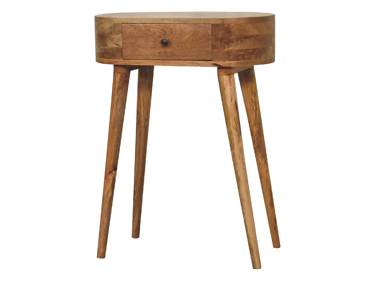 Mini Albion Konsolentisch von Artisan Furniture aus Massivholz mit heller Eichenoberfläche, 1 Schublade, beige Farbe.