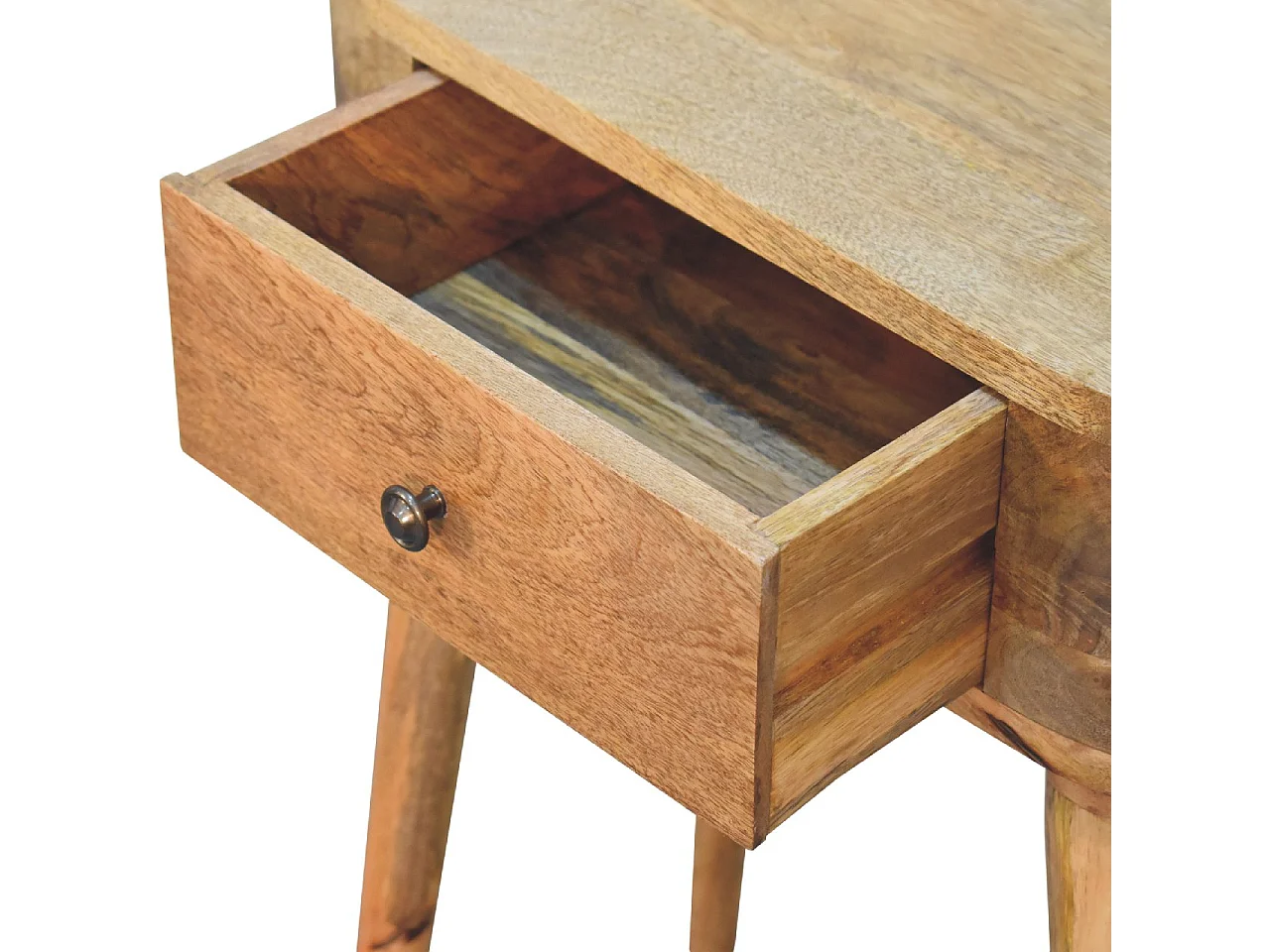 Mini Albion Konsolentisch von Artisan Furniture aus Massivholz mit heller Eichenoberfläche, 1 Schublade, beige Farbe.