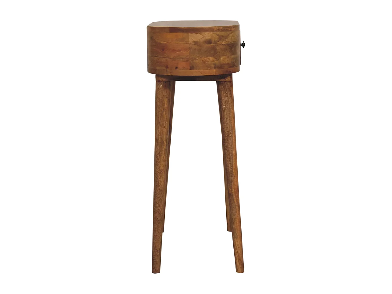 Mini Albion Konsolentisch von Artisan Furniture aus Massivholz mit heller Eichenoberfläche, 1 Schublade, beige Farbe.