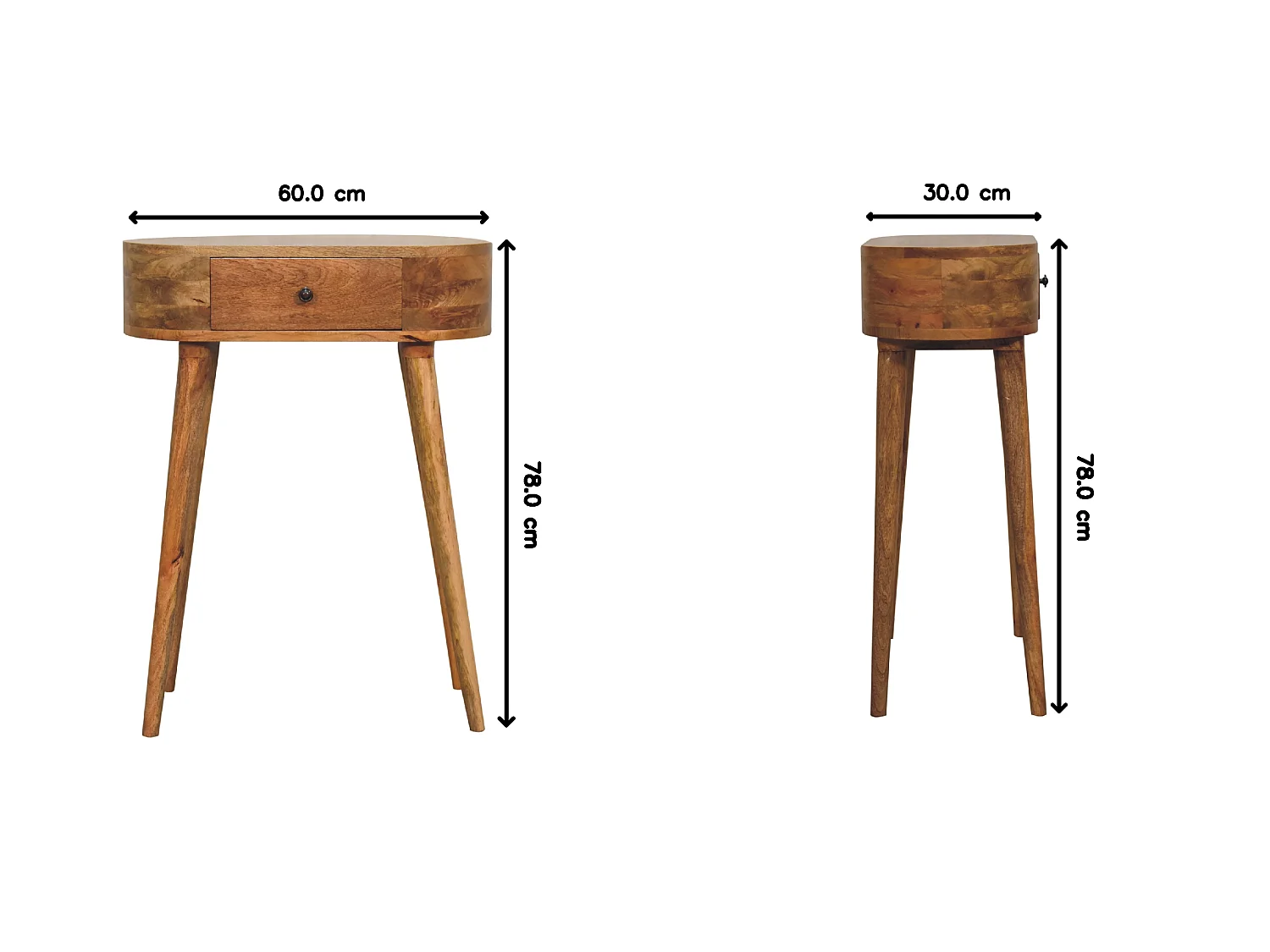 Mini Albion Konsolentisch von Artisan Furniture aus Massivholz mit heller Eichenoberfläche, 1 Schublade, beige Farbe.