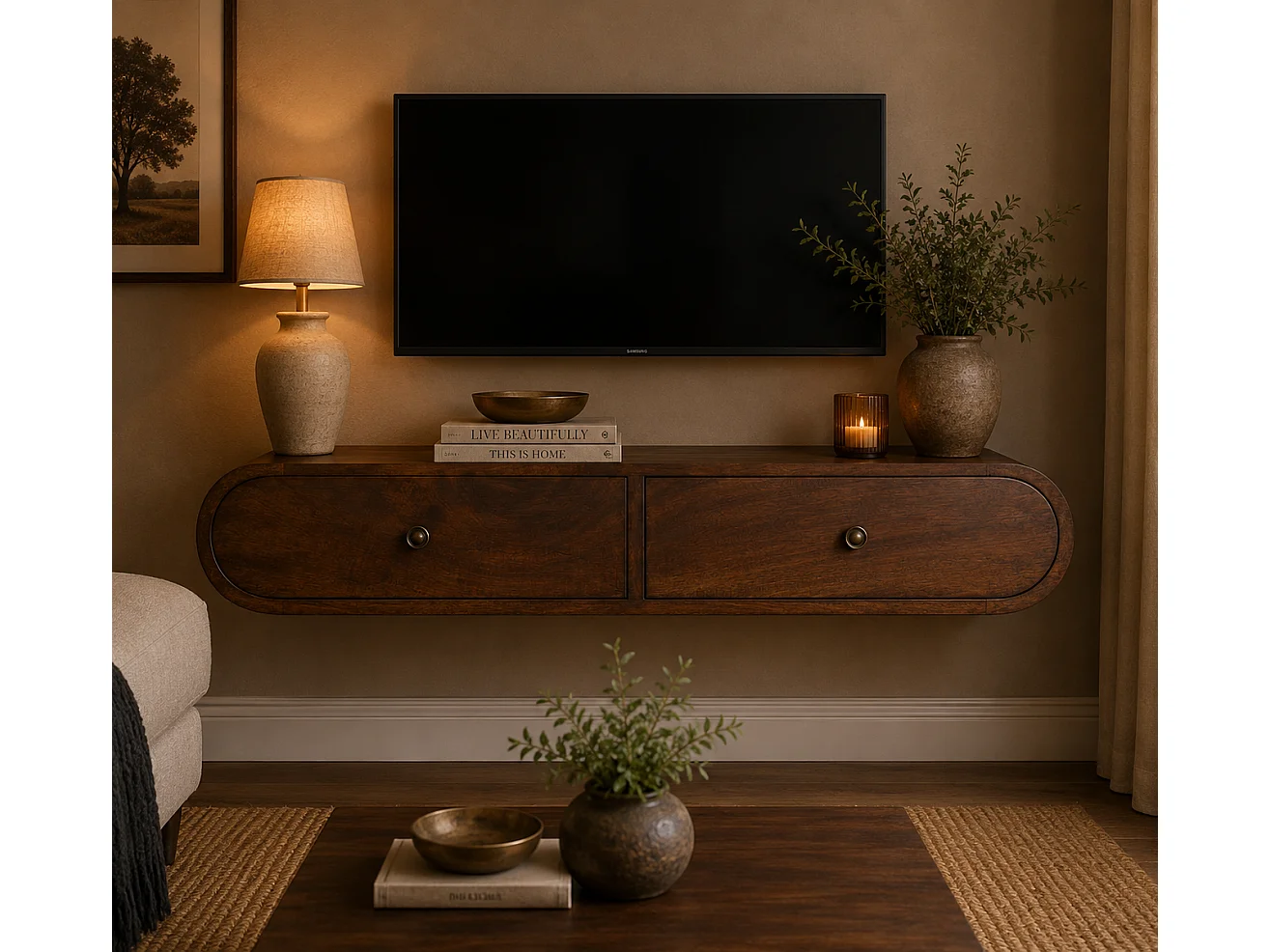 Console flottante London en châtaignier Artisan Furniture, 2 tiroirs, brun caramel