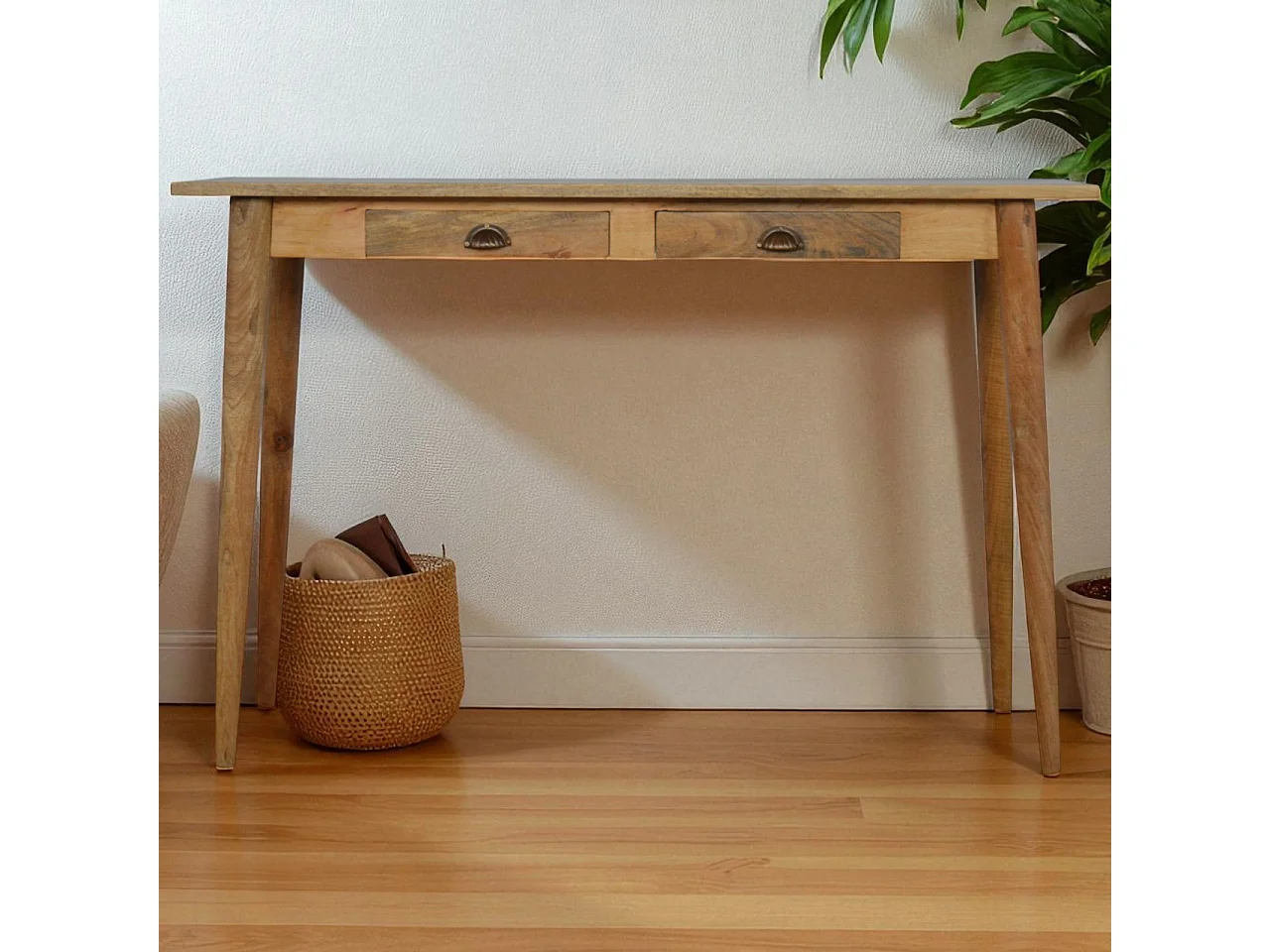Artisan Furniture Bureau d'Écriture Style Nordique en Bois Massif, 2 Tiroirs, Beige