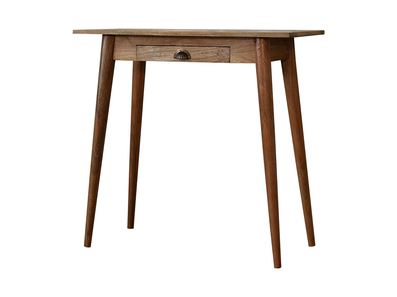 Mini biurko w stylu skandynawskim od Artisan Furniture, wykonane z litego drewna, z 1 szufladą, w kolorze beżowym.