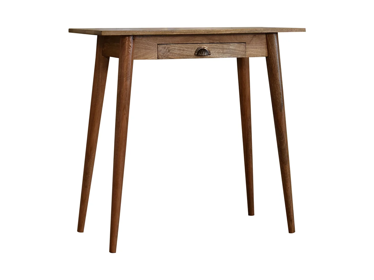 Mini biurko w stylu skandynawskim od Artisan Furniture, wykonane z litego drewna, z 1 szufladą, w kolorze beżowym.