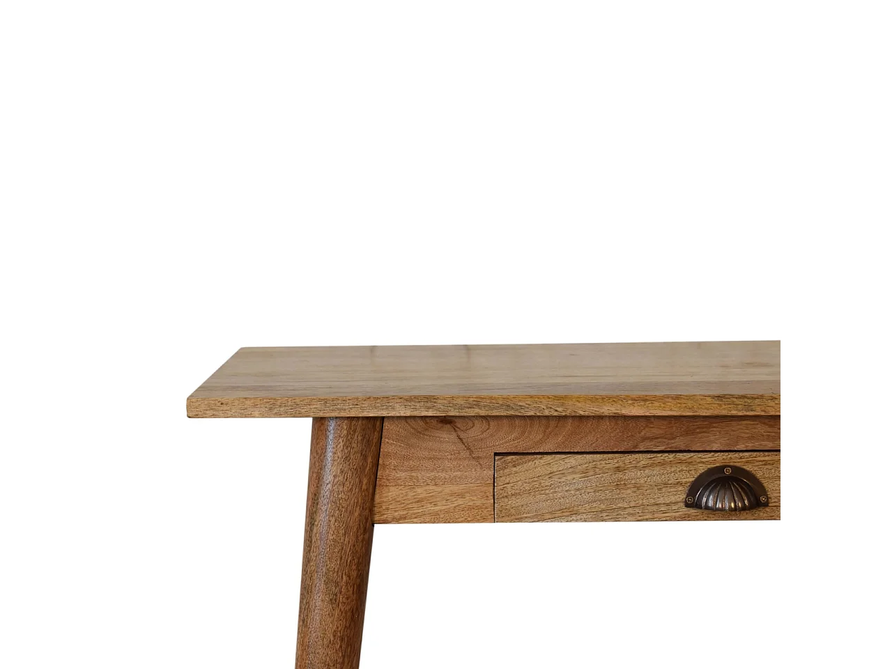 Mini biurko w stylu skandynawskim od Artisan Furniture, wykonane z litego drewna, z 1 szufladą, w kolorze beżowym.