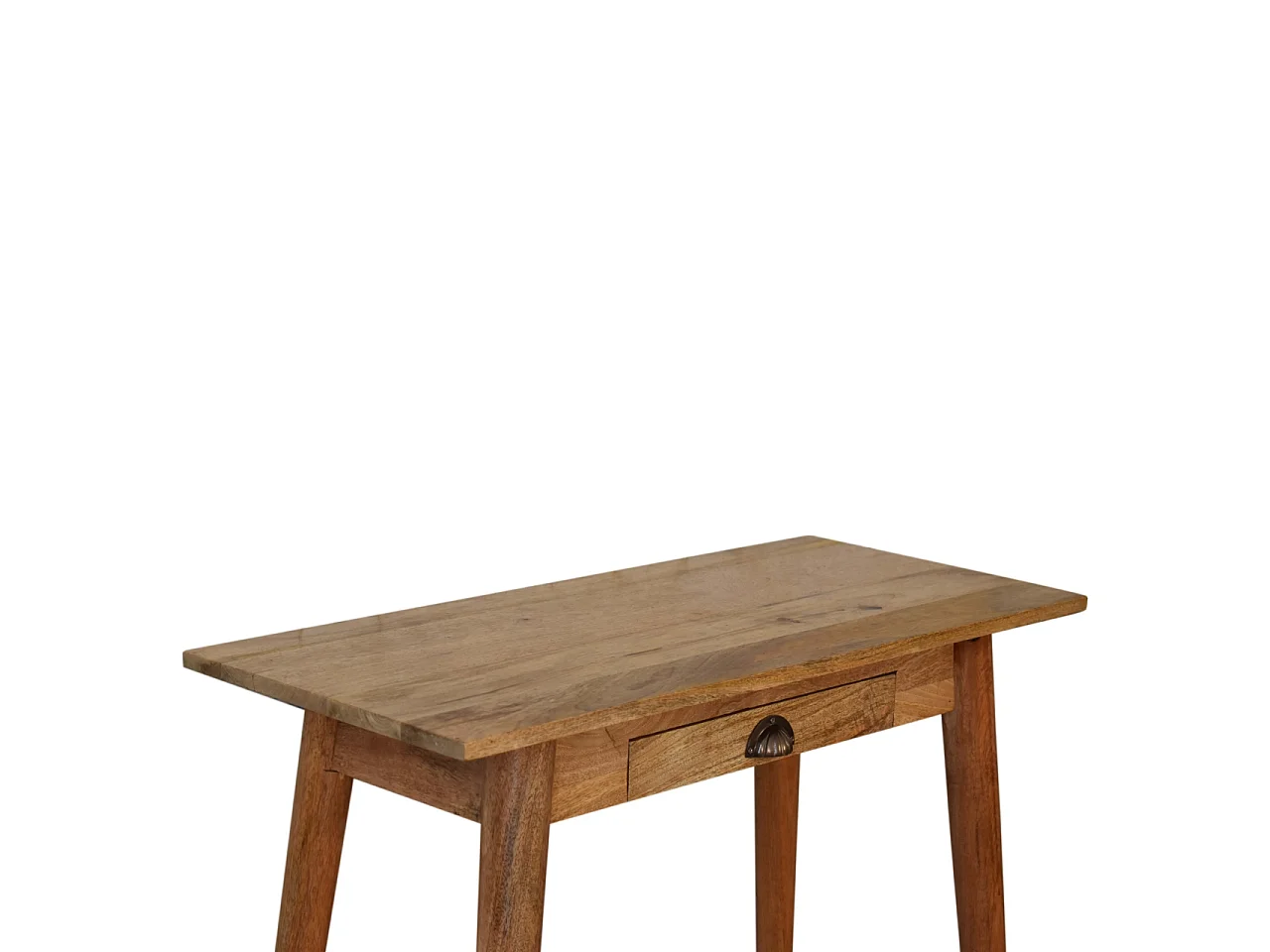 Mini biurko w stylu skandynawskim od Artisan Furniture, wykonane z litego drewna, z 1 szufladą, w kolorze beżowym.
