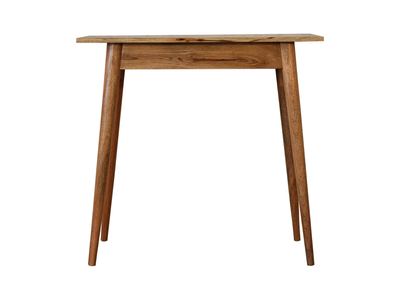 Mini biurko w stylu skandynawskim od Artisan Furniture, wykonane z litego drewna, z 1 szufladą, w kolorze beżowym.