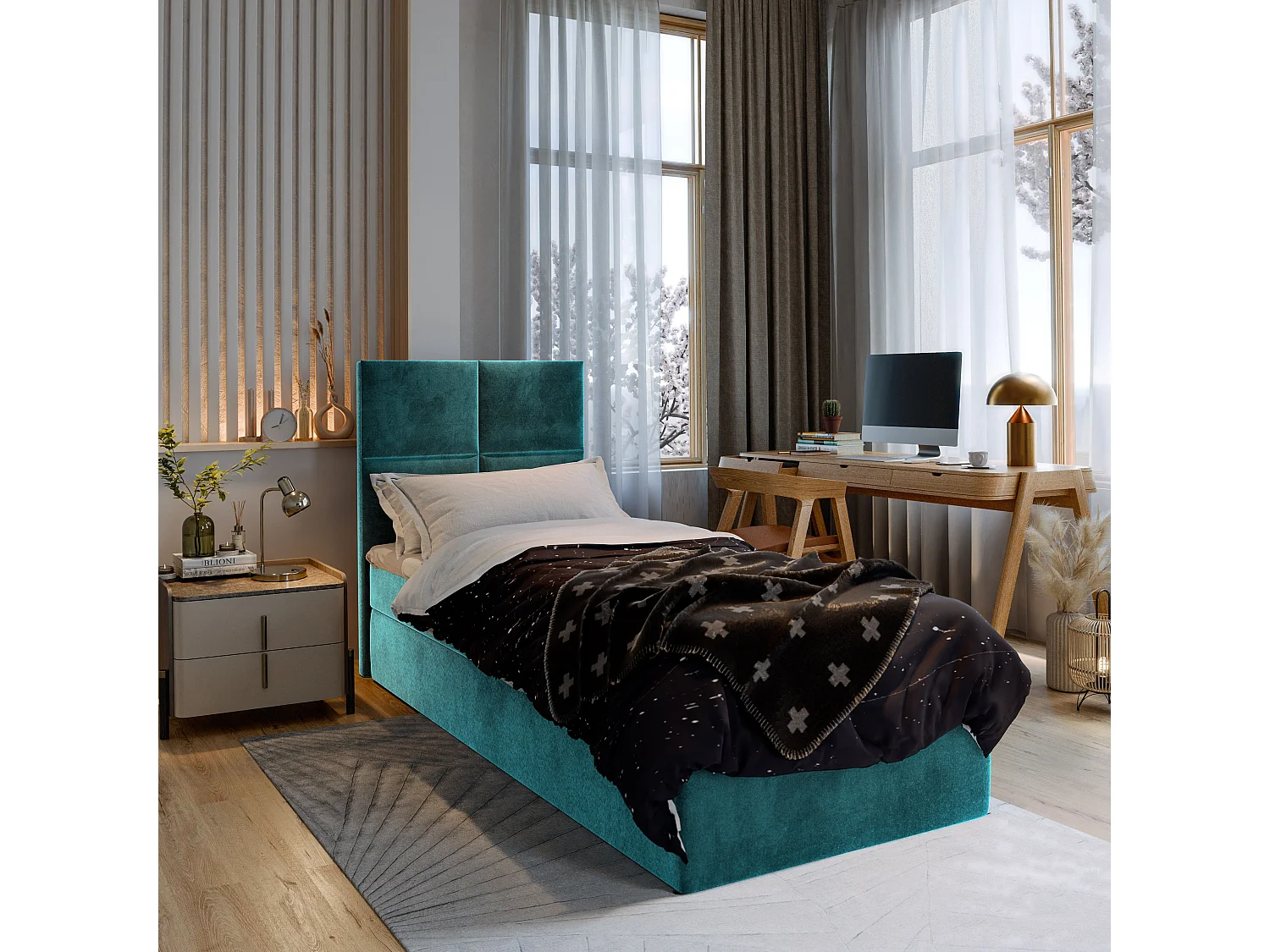Boxspringbed LENA 90x200 cm Set met hoofdbord, bedbodem en matras, Groenblauw